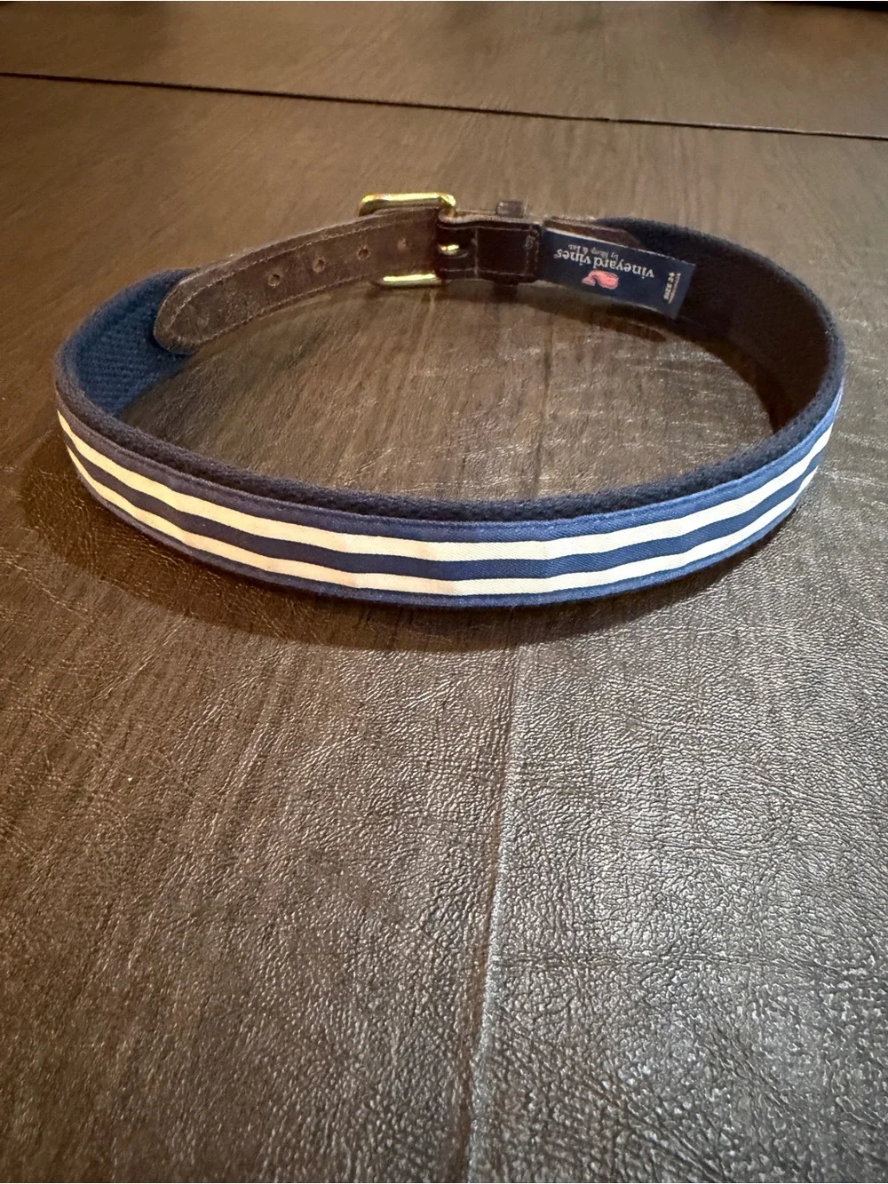 Vineyard Vines Navy & White Striped Kids Fabric and Leather Belt Sz 24